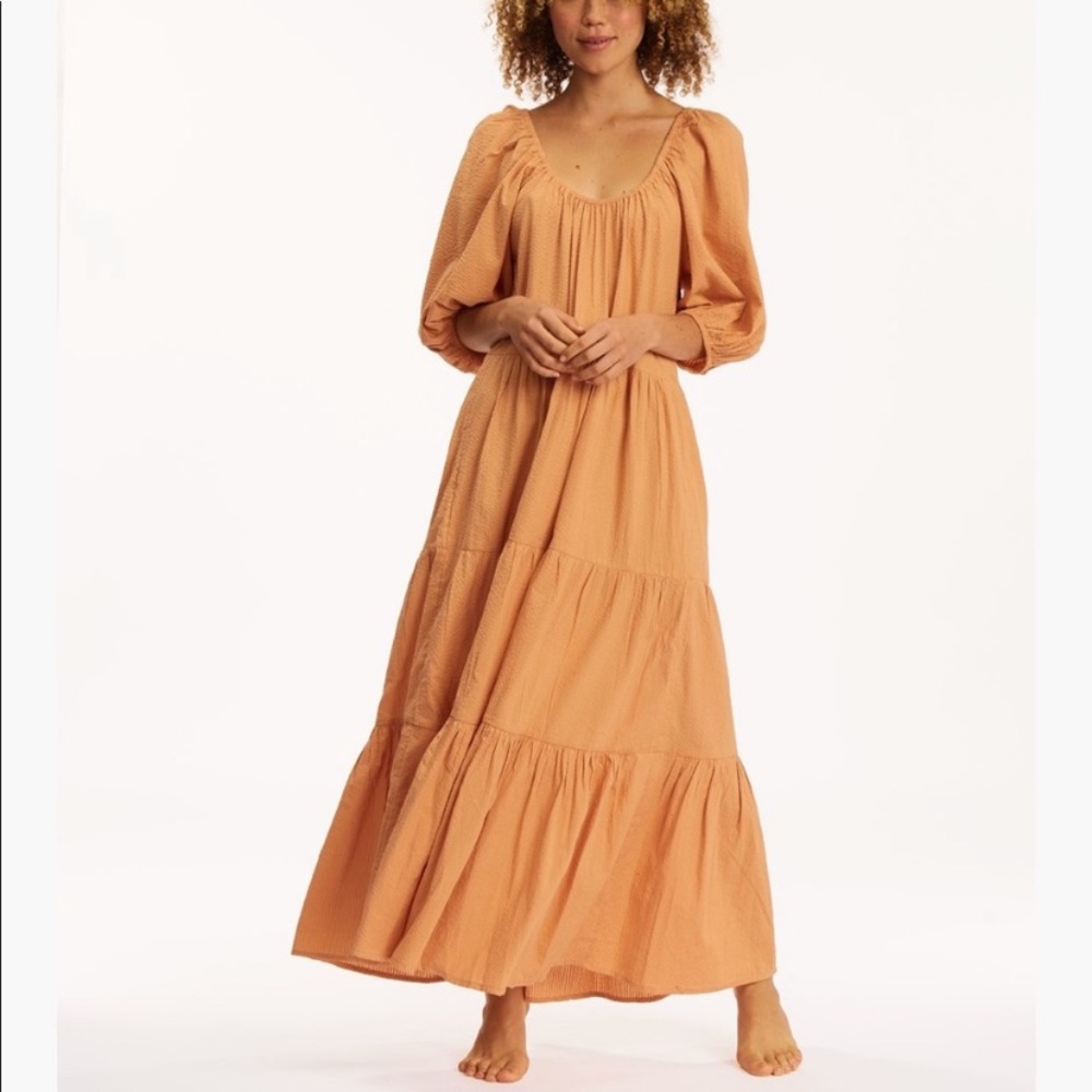 New Billabong Endless Shore Puffed Sleeves Orange Tan Tiered Ribbed Maxi Dress M